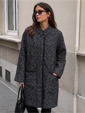 Womens Black & White Tweed Coat - Classic Longline Jacket